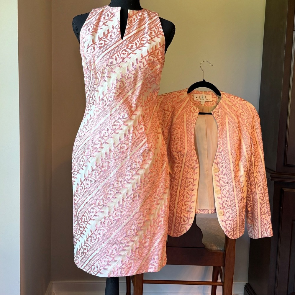 Nicole Miller Embroidered Dress & Jacket Set Ivory Pink Dress 4 Jacket 0 USA